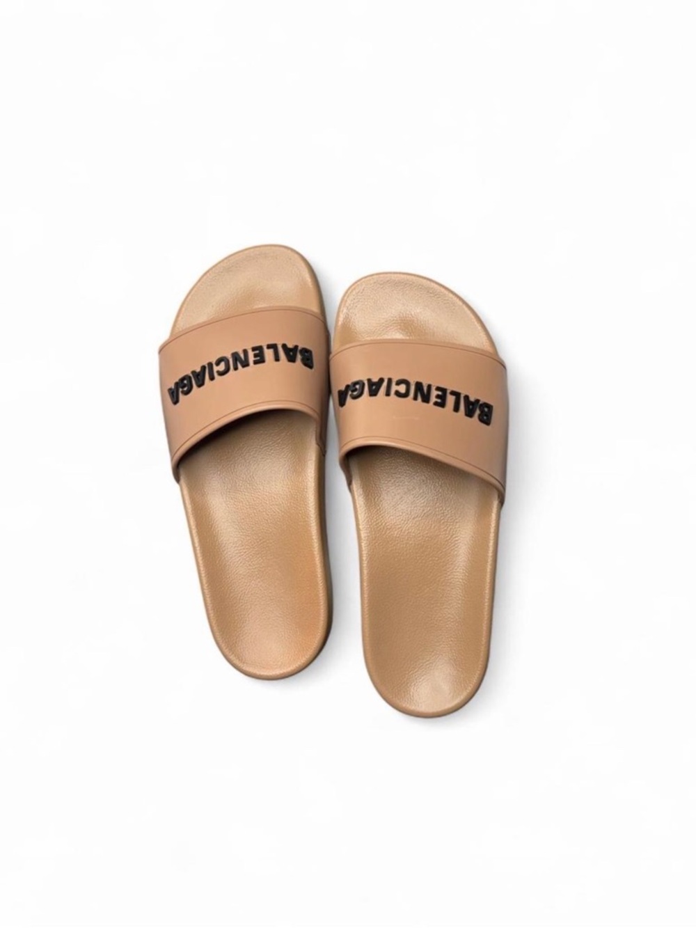 Balenciaga Women’s Tan Slide Sandals with Black Logo Strap - Picture 2 of 4